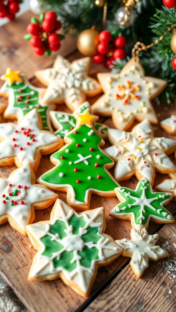 Christmas Sugar Cookie Recipe Decorated Christmas sugar cookies in various shapes on a wooden table with holiday decorations.